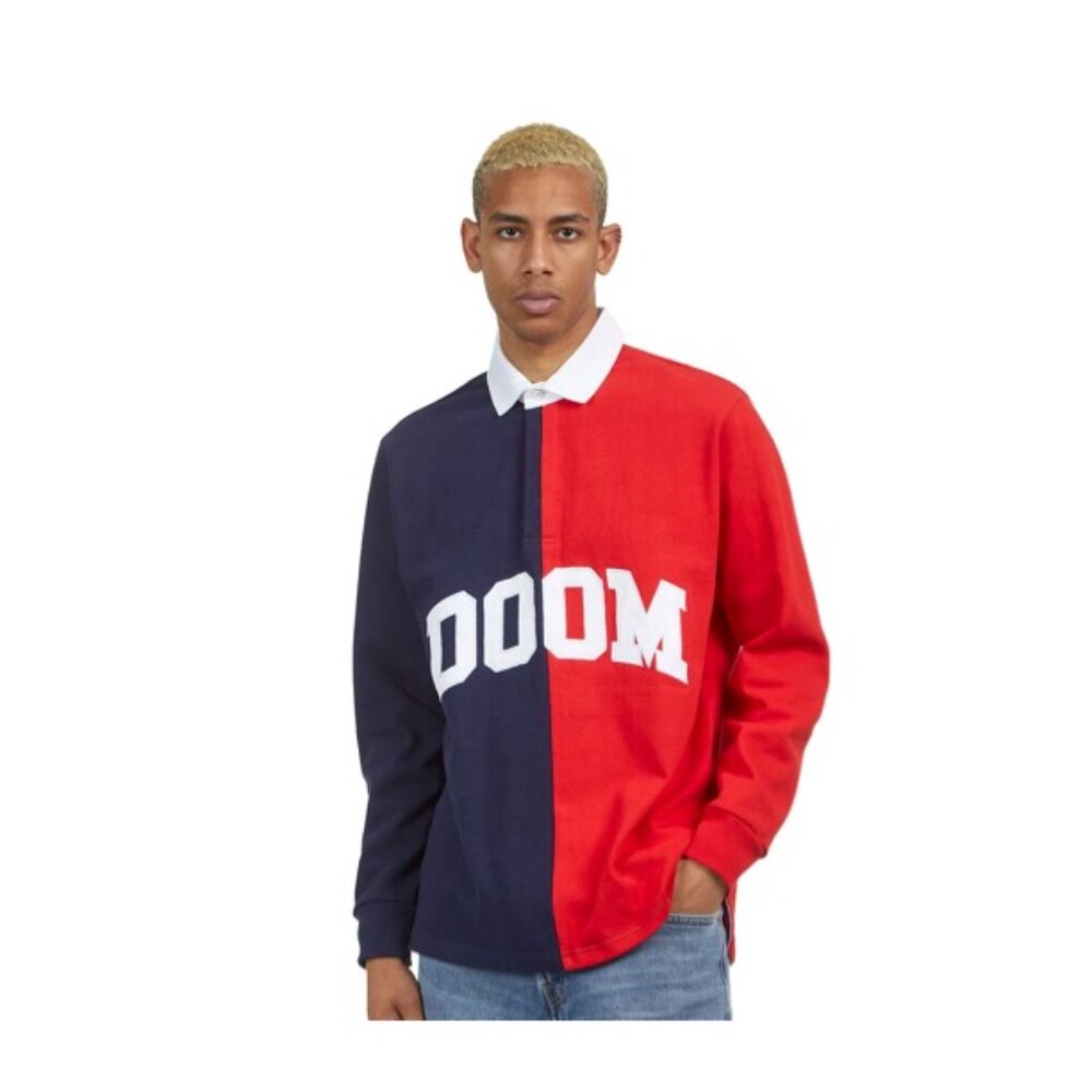 MF Doom Gasdrawls Red Navy and White Long-Sleeve Rugby Polo XXL